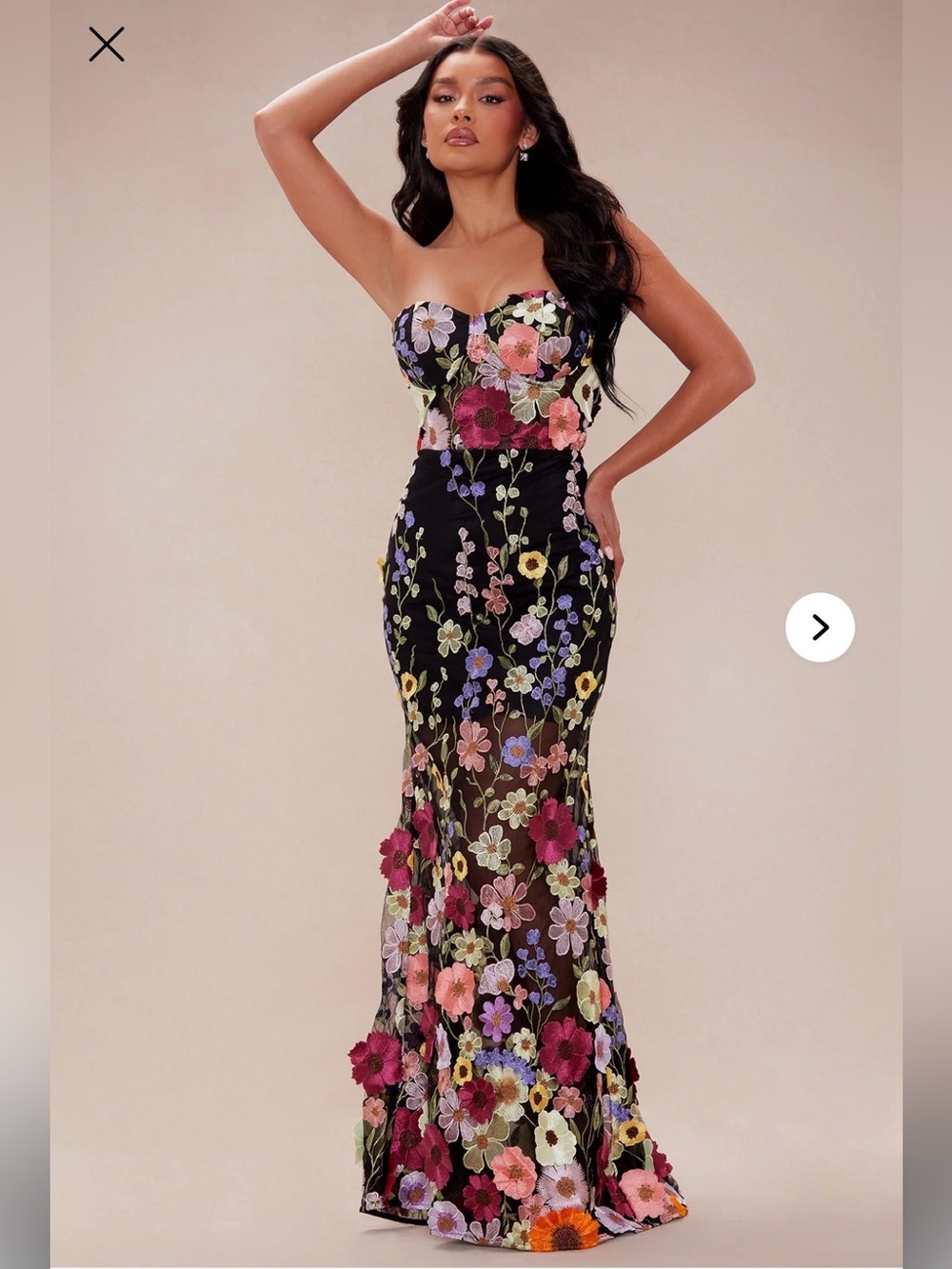 Strapless Spring Bloom Floral
Embroidered Maxi Dress